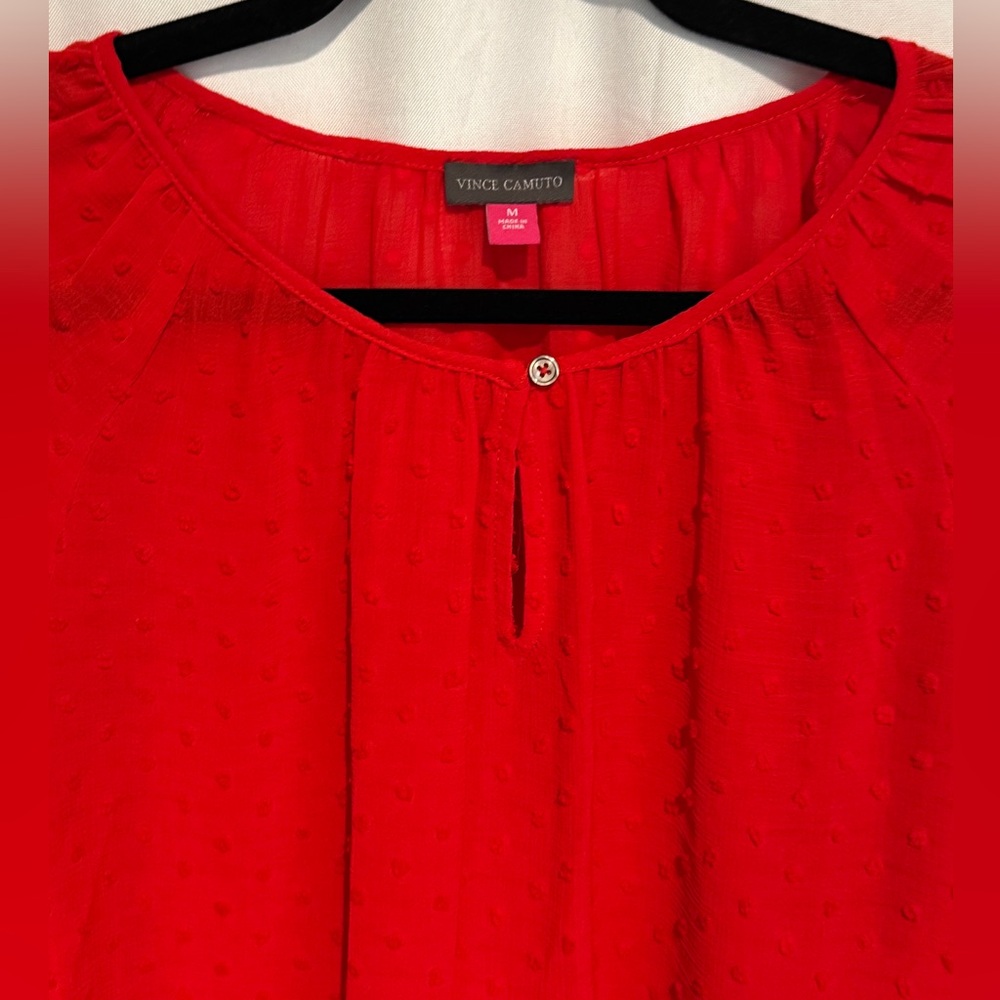 Lot 2 Vince Camuto Tops Red Dot Black Floral Sheer V-neck Blouse Dressy Career M - Picture 4 of 14